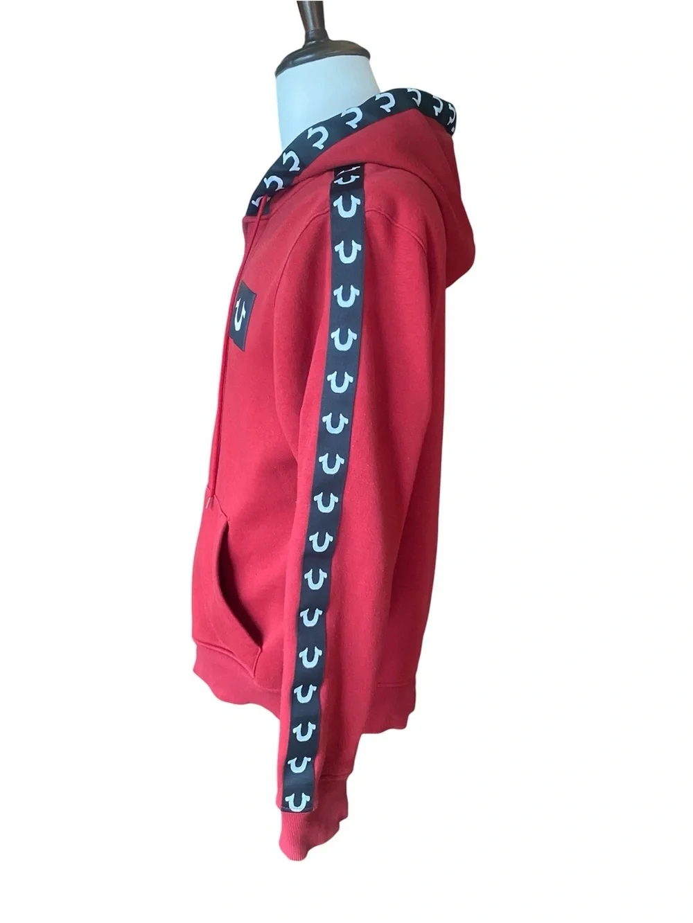 True Religion Red Zip Up Hoodie Logo Tape Sleeves Men’s Size Large L Streetwear